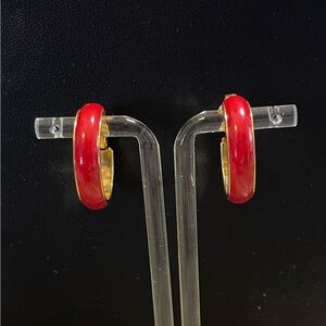 Pretty vintage enamel 1 inch Red Hoop clip-on Earrings with gold tone edges